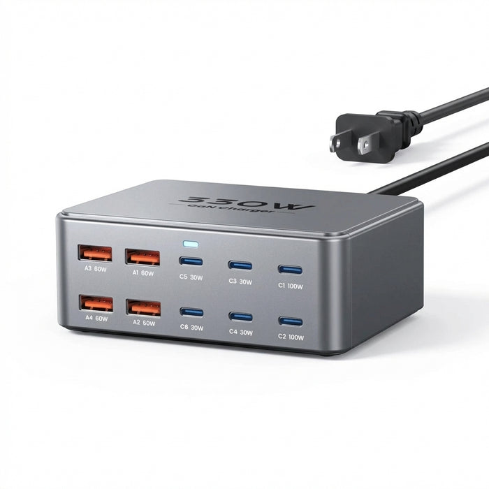 330W 10‑Port GaN USB‑C Charger — Dual 100W PD3.0/PPS Fast Charging Station