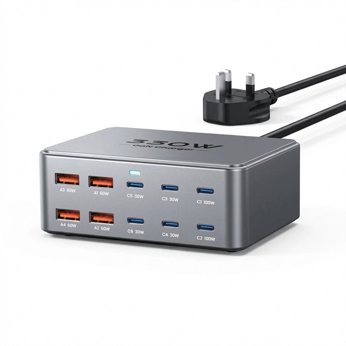 330W GaN 10‑Port USB Charger — 2×100W USB‑C, PD3.0/PPS/QC3.0, for MacBook Pro & iPhone 15/16