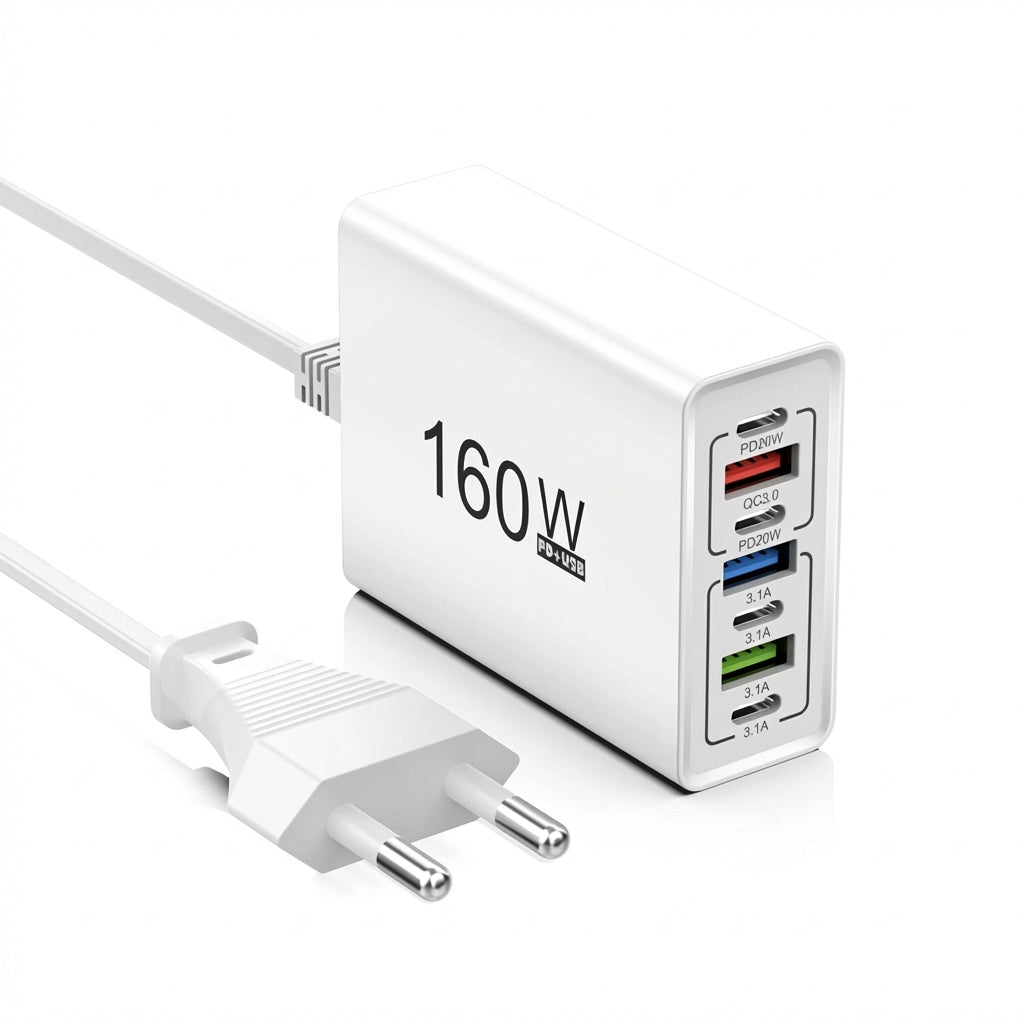 7-in-1 160W USB Charging Station – PD Type-C & USB-A, EU/US Plug, iPhone/Samsung/Xiaomi Compatible