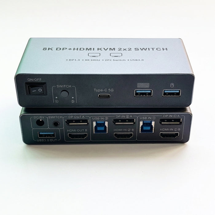 Dual‑Monitor HDMI 2.1 KVM Switch 2x2 — HDMI 2.1 or HDMI + DisplayPort 1.4 — 8K@60Hz / 4K@120Hz