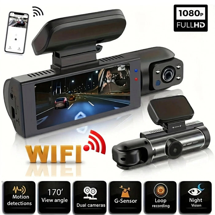 1080p Dual‑Lens Dash Cam with Wi‑Fi — Front & Cabin, Night Vision, Loop Recording