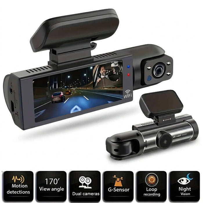 1080p Dual‑Lens Dash Cam with Wi‑Fi — Front & Cabin, Night Vision, Loop Recording