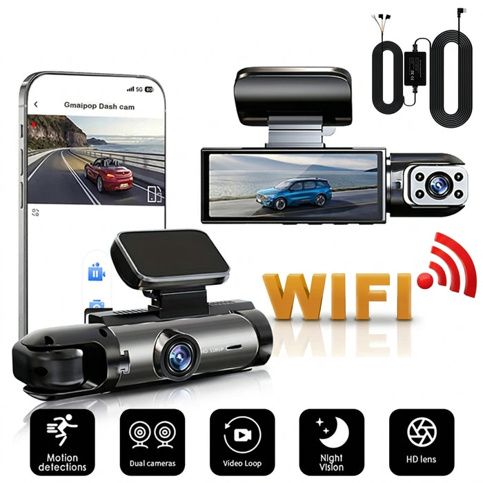 1080P Wi‑Fi Dual Dash Cam — Front & Interior, Night Vision, Loop Recording