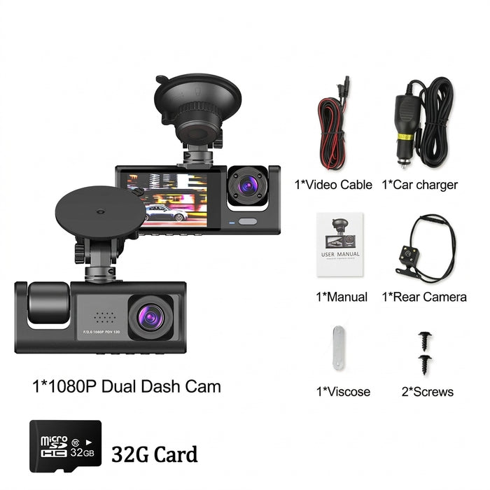 1080P Car Dash Cam — 2/3‑Channel Front, Inside & Optional Rear Camera with Night Vision