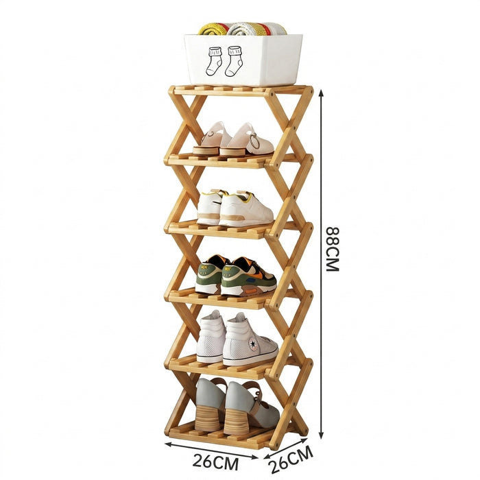 Bamboo Foldable Shoe Rack — Narrow Freestanding Shelf, 4/5/6-Tier for Hallway & Bedroom
