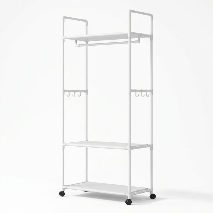 Clothing Storage Rack with Wheels, Hooks & Shelves — Freestanding Metal Organiser