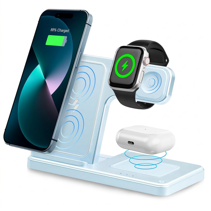 3-in-1 Magnetic Wireless Charger Stand — 15W Fast Charging Dock for iPhone 15/14/13, Apple Watch & AirPods