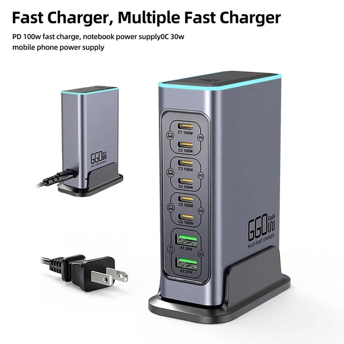 660W GaN 8-Port Desktop Charger — 100W USB‑C PD & Quick Charge 3.0